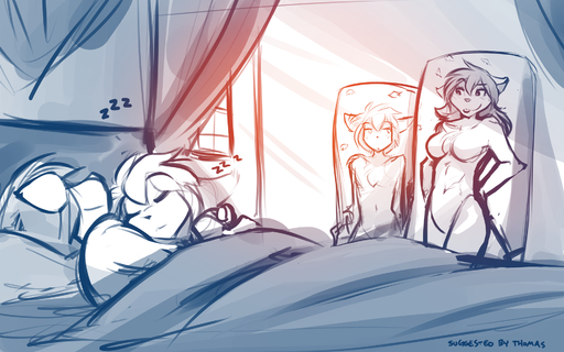 16:10 2018 anthro basitin bed blush body_pillow breasts canid canine canis casual_nudity chest_tuft conditional_dnp cuddling dakimakura_design duo_focus eyes_closed featureless_breasts featureless_crotch female furniture group hands_behind_back hi_res hug humor inside keidran keith_keiser looking_aside lying male malefemale mammal monochrome natani nude on_bed on_side pillow sketch sleeping smile tom_fischbach tongue tongue_out tuft twokinds under_covers webcomic webcomic_character widescreen window wolf // 1920x1200 // 1.4MB