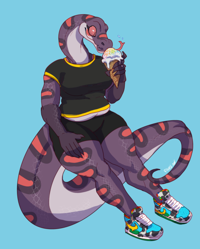 anthro breasts clothing dessert female fivel food footwear hi_res ice_cream non-mammal_breasts reptile scalie shirt shoes snake sneakers solo thick_thighs topwear // 1030x1280 // 671.5KB