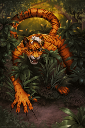 2:3 4_toes 5_fingers anthro black_stripes claw_marks claws day detailed_background digital_media_(artwork) eyebrows eyelashes feet felid fingers fur grass hair iskra jungle male mammal nude open_mouth orange_body orange_fur outside pantherine plant shaded solo striped_body striped_fur stripes teeth tiger toes tongue tree white_hair yellow_eyes // 600x900 // 1.0MB