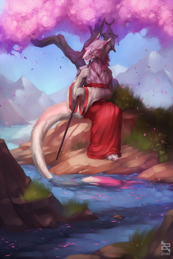 asian_clothing cherry_blossom cherry_blossom_tree cherry_tree clothed clothing day detailed_background digital_media_(artwork) east_asian_clothing fruit_tree fur hi_res japanese_clothing kimono outside pink_body pink_fur plant sergal sitting sky solo tree water zephra // 853x1280 // 1.3MB