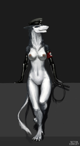 anthro breasts clothing female genitals hat headgear headwear hi_res looking_at_viewer mammal navel nazi nipples pussy rubber sergal solo valkyria vectorconflict whip // 700x1274 // 143.9KB