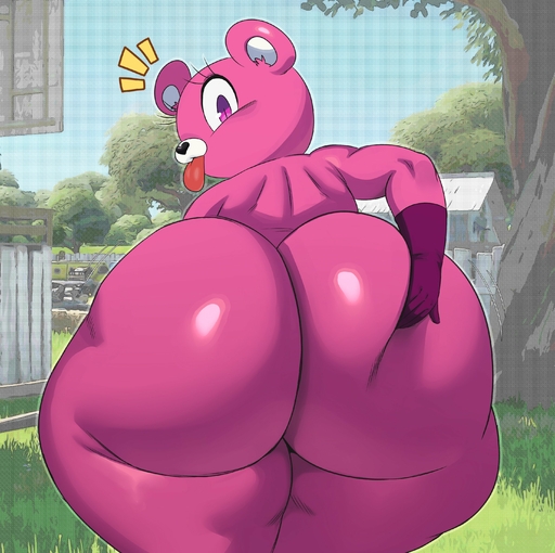 2021 absurd_res anthro big_butt butt cuddle_team_leader epic_games female fortnite fur hi_res huge_butt looking_at_viewer looking_back mammal nude pink_body pink_eyes pink_fur solo sssonic2 tongue tongue_out ursid video_games // 2904x2890 // 2.0MB