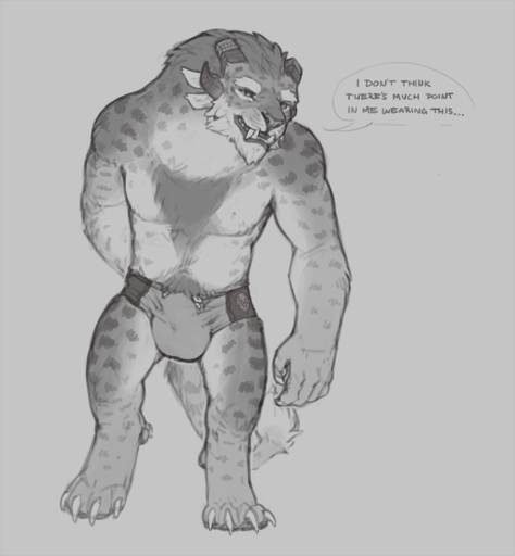 2017 4_toes 5_fingers anthro biped bulge charr claws clothed clothing dialogue english_text fangs feet felid fingers greyscale guild_wars hi_res horn male mammal monochrome multi_ear pubes rorik_ironwill simple_background snowskau solo speech_bubble standing swimwear text toe_claws toes topless video_games // 1111x1200 // 517.5KB