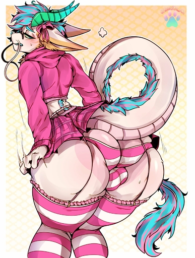 anthro balls barbel_(anatomy) bent_over big_butt blush bottomwear bulge butt clothed clothing crossdressing dragon eastern_dragon flesh_whiskers footwear genitals girly harbor hi_res horn huevito_owo legwear male miniskirt panties pattern_clothing pattern_footwear pattern_legwear pattern_socks presenting presenting_hindquarters scales skirt socks solo striped_clothing striped_footwear striped_socks stripes thick_thighs thigh_highs underwear white_body white_scales // 1548x2048 // 464.0KB