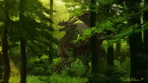 16:9 2019 4k absurd_res ambiguous_gender claws day detailed_background digital_media_(artwork) dragon feral floverale-hellewen forest grass hi_res horn membrane_(anatomy) membranous_wings open_mouth outside plant scalie solo teeth tree western_dragon widescreen wings // 3840x2160 // 7.2MB