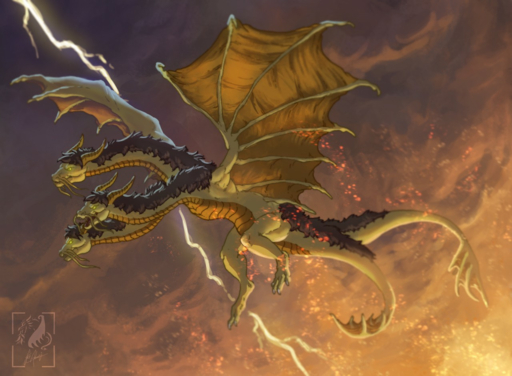 2_tails 3_heads dragon flying godzilla_(series) horn hydra kaiju king_ghidorah lightning multi_head multi_tail multifur open_mouth percival94 scalie solo teeth toho tongue wings // 1280x941 // 1.2MB