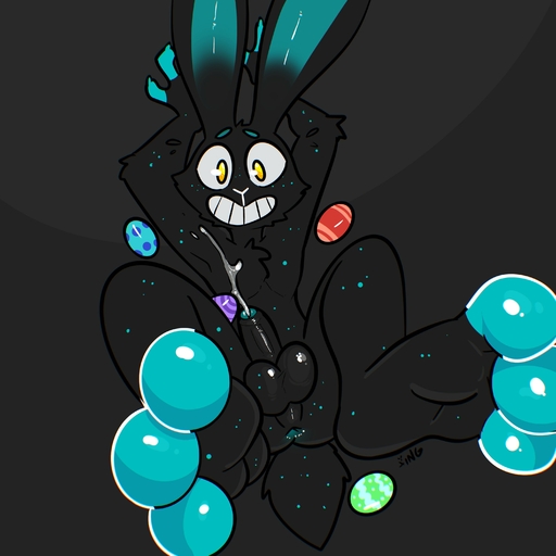 3_toes absurd_res anthro anus arms_above_head balls binch black_body black_fur bodily_fluids butt cheek_tuft chest_tuft cum cum_on_chest easter_egg elbow_tuft erection facial_tuft feet foot_focus foreskin freckles fur genital_fluids genitals green_body green_fur grey_background grin hi_res holidays humanoid_genitalia humanoid_penis inviting lagomorph leporid looking_at_viewer lying male mammal on_back penis perineum presenting presenting_anus presenting_balls presenting_hindquarters presenting_penis rabbit simple_background smile solo spread_legs spreading the_xing1 toes tuft wide_eyed // 3000x3000 // 305.7KB