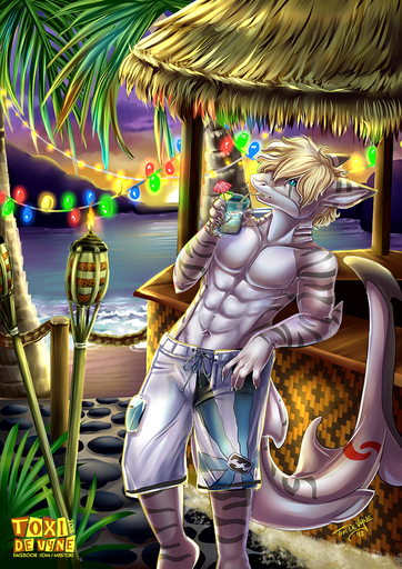 abs alcohol bar beach beverage blonde_hair boardshorts clothed clothing cocktail cocktail_garnish detailed_background fin fish hair marine muscular palm_tree party pecs plant relaxing retro sea seaside shark solo summer sunset tiki topless torch toxi_de_vyne_(artist) tree water // 800x1131 // 1.4MB