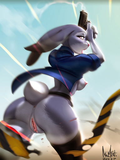 3:4 anthro anus areola breasts butt clitoris clothing disney erect_nipples female genitals gun hi_res judy_hopps lagomorph legwear leporid looking_back mammal mr._mist nipples presenting presenting_anus presenting_hindquarters presenting_pussy pussy rabbit ranged_weapon side_boob solo weapon zootopia // 960x1280 // 632.5KB