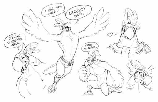 <3 anklet anthro avian belt biped bird black_and_white bottomless bottomwear breath_of_the_wild clothed clothing dancing dialogue digital_drawing_(artwork) digital_media_(artwork) english_text expressions eyelashes feathers featureless_crotch headgear headshot_portrait headwear jewelry kass_(tloz) kneeling line_art male monochrome multiple_poses muscular muscular_anthro muscular_male nintendo nude open_mouth portrait pose rito scarf shorts sketch_page smile solo surprise talons text the_legend_of_zelda topless video_games winged_arms wings zaush // 1280x827 // 120.9KB
