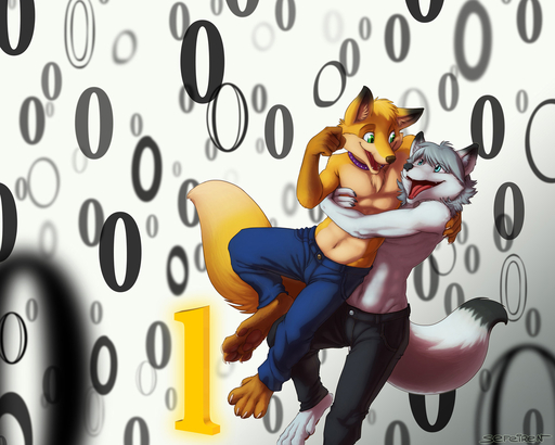 anthro arctic_fox blue_eyes bottomwear canid canine chest_tuft clothed clothing collar conditional_dnp denim denim_clothing duo fox fur green_eyes head_tuft hindpaw hug jeans male mammal navel pants paws sefeiren teeth tongue topless tuft vulpes // 1200x962 // 262.0KB