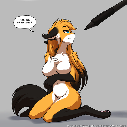 2020 annoyed anthro black_body black_fur blue_eyes breaking_the_fourth_wall breast_rest breasts canid canine casual_nudity chest_tuft colored conditional_dnp crossgender dialogue digitigrade ears_back english_text featureless_breasts female fox fur gloves_(marking) grey_background keidran kneeling leg_markings looking_back mammal markings mike_(twokinds) mtf_crossgender multicolored_body multicolored_fur navel nude orange_body orange_fur pen pivoted_ears simple_background socks_(marking) solo speech_bubble text tom_fischbach tuft twokinds url webcomic webcomic_character white_body white_fur // 1193x1187 // 379.2KB