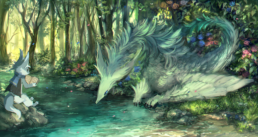2016 amazing_background ambiguous_gender anthro bakawasima blue_eyes book bottomwear canid canine cape claws clothed clothing creek day detailed_background digital_media_(artwork) digital_painting_(artwork) dipstick_tail dragon duo feathered_wings feathers feet feral fingers flower fluffy forest fox fully_clothed fur furred_dragon grass grey_body grey_fur hi_res kemono landscape larger_feral leaf looking_down mammal multicolored_tail nature nude outside pants plant reading river rock scarf sitting size_difference smaller_anthro toes tree white_body white_fur wings // 1882x1000 // 2.6MB