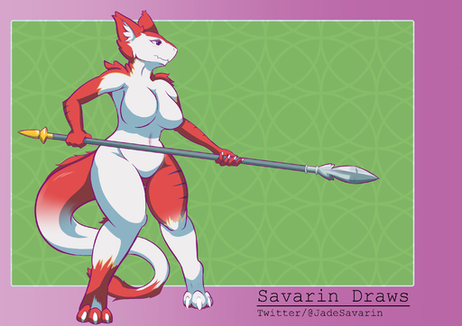 anthro big_breasts breasts claws digital_media_(artwork) female fur hi_res holding_object holding_weapon mammal melee_weapon multicolored_body multicolored_fur nude polearm savarin_draws scalie sergal simple_background solo spear thick_thighs weapon wide_hips // 2944x2084 // 2.0MB