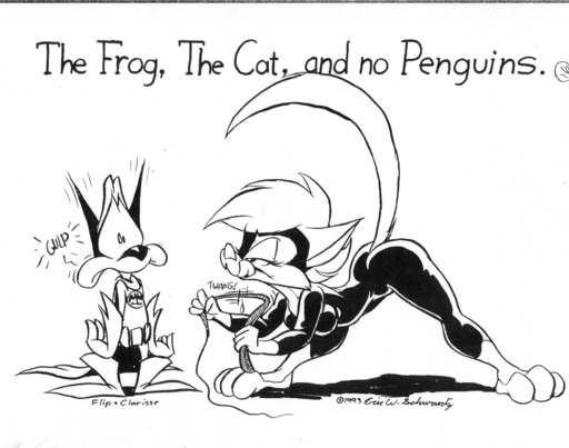 1993 3_toes amphibian anthro barefoot batman batman_(series) bent_over black_and_white butt catwoman clarisse clothing cosplay dc_comics domestic_cat duo eric_schwartz eye_contact feet felid feline felis female flip_the_frog frog hi_res hindpaw licking licking_lips looking_at_another male mammal monochrome paws playful raised_tail scared self_lick skinsuit smile tight_clothing toes tongue tongue_out // 1872x1475 // 395.4KB