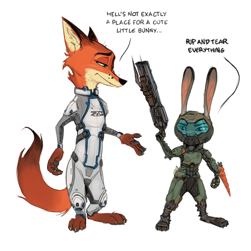1:1 2020 anthro armor barefoot body_armor canid canine cheek_tuft clothed clothing cosplay crossover crossover_cosplay dialogue duo english_text facial_tuft feet fox fully_clothed fur gun headgear helmet holding_gun holding_object holding_weapon judy_hopps lagomorph leporid male mammal neck_tuft nick_wilde orange_body orange_fur rabbit ranged_weapon red_fox samur_shalem short simple_background standing text tuft video_games vulpes weapon white_background // 1024x1024 // 582.2KB