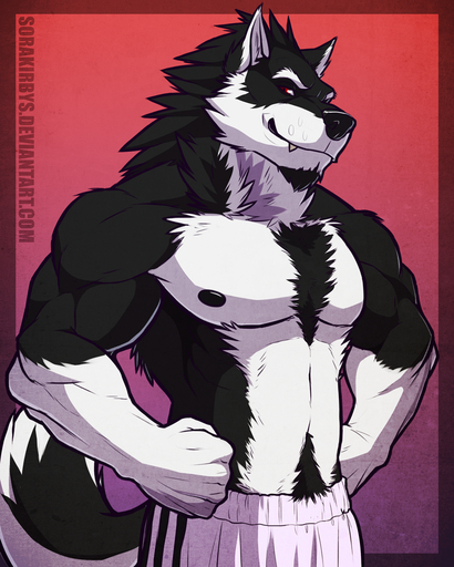 2015 4:5 abs alternate_version_at_source anthro athletic biceps black_nipples body_hair canid canine canis chest_hair chest_tuft clothed clothing crotch_tuft domestic_dog facial_hair fangs fur grin hands_on_hips husky looking_at_viewer male mammal muscular muscular_anthro nipples nordic_sled_dog orion_(aluminemsiren) pecs pubes red_eyes smile solo sorakirbys spitz teeth topless tuft wolf // 800x1000 // 1.0MB