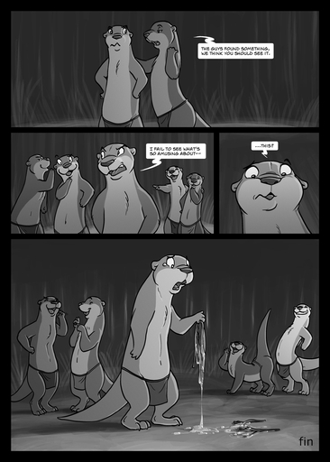 anthro bodily_fluids canid canine comic cum cum_on_ground digital_media_(artwork) genital_fluids greyscale grin group hi_res infidelity laugh lutrine male mammal monochrome mustelid navel open_mouth outside smile the_end tribal zaush // 1125x1575 // 306.4KB