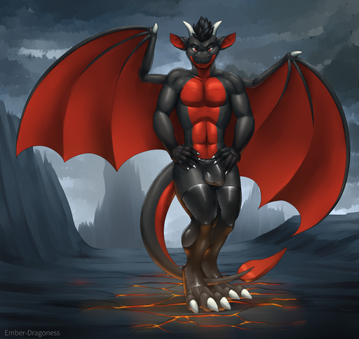 2019 3_toes 5_fingers anthro black_body black_hair black_skin claws clothing dragon ember-dragoness feet fingers hair hands_on_hips hi_res horn legwear looking_at_viewer male membrane_(anatomy) membranous_wings pecs red_body red_eyes red_skin rubber smile solo standing stockings toe_claws toes underwear wings // 1500x1415 // 1.3MB
