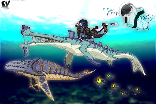 absurd_res ambiguous_gender blue_eyes boneshark bubble clerian clothed clothing detailed_background diving_suit dragon feral fish group hi_res male marine oxygen_tank peeper red_eyes sea sharp_teeth stalker_(subnautica) stripes submarine subnautica swimming teeth underwater vehicle video_games water watercraft // 3500x2333 // 5.2MB