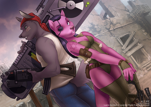 anthro bandanna canid canine canis city clothing disc_jockey duo eye_patch eyewear female gun kerchief lavender_steele lupine_assassin male mammal miles_df ranged_weapon stereo weapon wolf // 1100x779 // 295.4KB