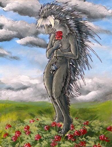 anthro balls biped black_eyes chastity_cage chastity_device cloud flower fur genitals grey_body grey_fur hair key looking_at_viewer male mammal nude outside plant porcupine rodent rose_(flower) ruaidri shy sky smile solo standing traditional_media_(artwork) white_hair // 630x821 // 131.9KB