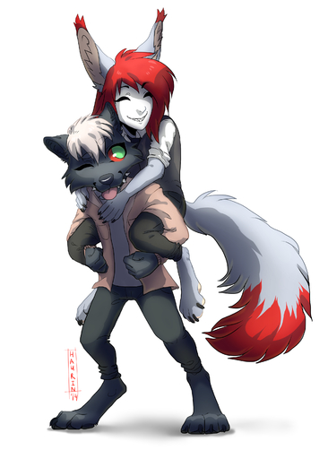 4_toes absurd_res anthro canid canine canis digitigrade duo eyes_closed feet fur hair hauringu hi_res mammal red_hair simple_background smile standing teeth toes white_background white_body white_fur white_hair wolf // 2248x3144 // 1.8MB