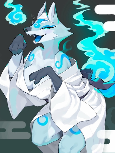 2022 <3 absurd_res anthro asian_clothing biped black_body black_fur blue_body blue_eyes blue_fire blue_fur blue_markings blue_tongue breasts canid canine cleavage clothed clothing colored_fire digital_media_(artwork) east_asian_clothing female fire fox fur hi_res japanese_clothing kame_3 kimono mammal markings open_mouth open_smile smile solo tongue white_body white_fur // 2048x2732 // 373.3KB