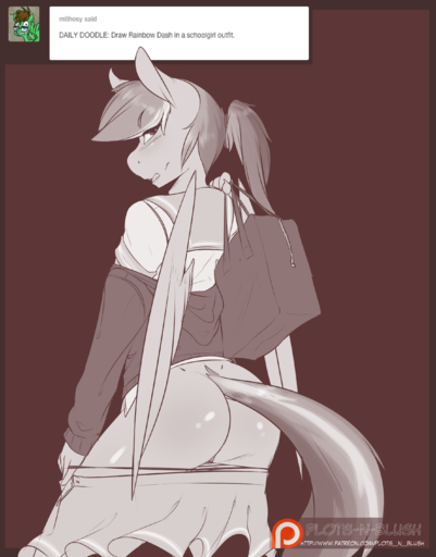 2015 absurd_res alternate_hairstyle anthro anthrofied avante92 bag blush butt clothed clothing clothing_pull english_text equid equine feathered_wings feathers female flashing hair hi_res horse looking_back mammal monochrome panties panties_down panty_pull partially_clothed pegasus ponytail rainbow_dash_(mlp) school_uniform solo student text underwear underwear_down underwear_pull undressing uniform url user_avatar wings // 2237x2855 // 1.3MB