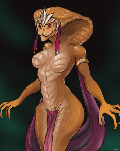 anthro apode belly_scales bottomwear breasts clothed clothing draconcopode exposed_breasts featureless_breasts featureless_crotch female gold_(metal) gold_jewelry jewelry legless loincloth naga non-mammal_breasts partially_clothed red_eyes reptile roxyrex scales scalie serpentine silk simple_background smile snake snake_hood solo standing translucent translucent_clothing video_games viper_(x-com) x-com yellow_body // 799x999 // 511.8KB