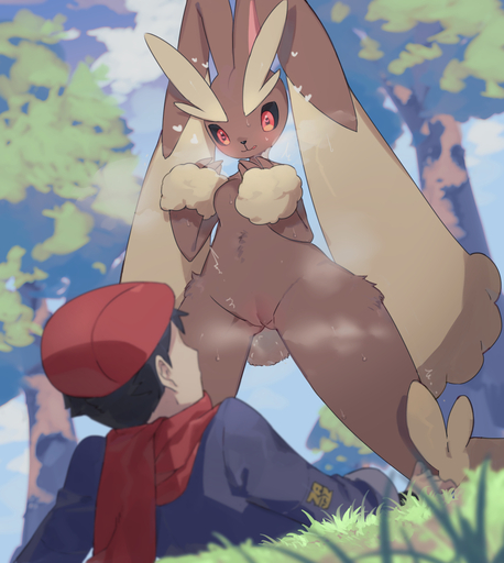 <3 <3_eyes alpha_pokemon anthro aroused bb1145141919 blush bodily_fluids breath detailed_background duo eye_contact female female_on_human genitals human human_on_anthro interspecies kneeling lagomorph leporid looking_at_another lopunny love lust lying male malefemale male_on_anthro mammal on_back panting pokemon_(species) pokephilia pussy rei_(pokemon) standing sweat sweatdrop tongue tongue_out video_games // 1000x1117 // 688.1KB