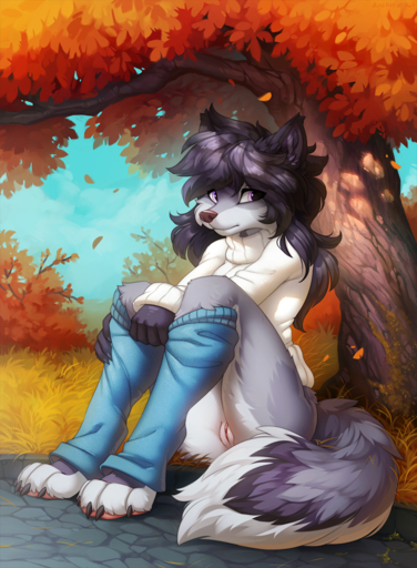 4_toes 5_fingers anthro autumn barefoot barely_visible_breasts biped bottomwear bottomwear_down breasts canid claws clothed clothing enfield feet female fingers fluffy fluffy_tail fur genitals hair hi_res hioshiru hioshiru_(character) long_hair looking_away mammal multicolored_body multicolored_fur outside pants pants_down partially_clothed plant public purple_eyes pussy shy sitting solo sweater toe_claws toes topwear tree undressing white_body white_fur // 939x1280 // 1.7MB