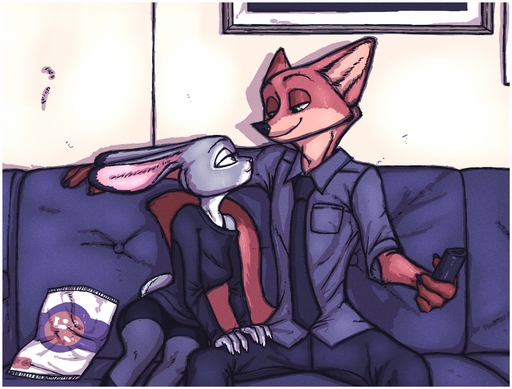 anthro canid canine clothing comic disney duo eye_contact female fox fur furniture green_eyes interspecies judy_hopps lagomorph larger_male looking_at_another luraiokun male mammal necktie nick_wilde purple_eyes sitting size_difference smaller_female sofa zootopia // 1280x972 // 673.1KB