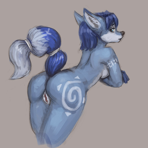 1:1 2018 anthro blue_body blue_eyes blue_fur blue_hair breasts butt canid canine crossed_arms dipstick_tail ears_back female fox foxovh fur genitals hair krystal looking_back mammal multicolored_tail nintendo nude pivoted_ears pussy raised_tail side_boob simple_background solo star_fox video_games // 800x800 // 105KB