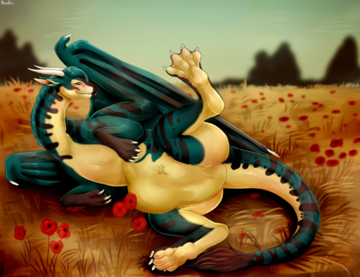 2019 detailed digital_media_(artwork) dragon feral folded_wings hair landscape looking_back lying on_side outside paws roobin shaded short smile solo spread_legs spreading vore wings // 1280x985 // 1.3MB