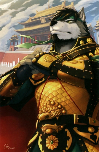 2011 anthro armor beard black_hair black_nose building canid canine canis clothing cloud facial_hair fur hair hi_res male mammal null-ghost outside pose scott_visnjic sky solo temple warrior wolf // 834x1280 // 239.1KB