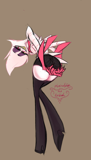 angel_dust arachnid artblush arthropod bent_over bottomwear brown_background clothing demon hazbin_hotel hi_res looking_at_viewer looking_back low-angle_view male multi_arm multi_limb signature simple_background skirt smile solo spider suggestive walking // 842x1470 // 344.1KB