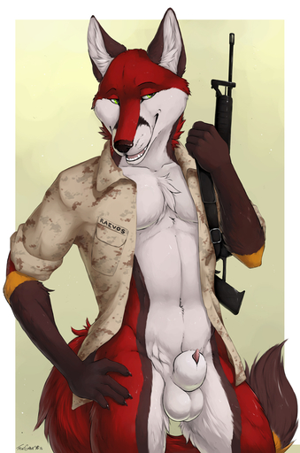 2016 animal_genitalia animal_penis anthro ar-15 assault_rifle balls bottomless brown_body brown_fur canid canine canine_penis chest_tuft clothed clothing detached_sheath flaccid fluffy fluffy_tail fox fur genitals gloves_(marking) green_eyes gun hand_on_hip head_tuft looking_aside m16 male mammal markings military name_tag navel open_clothing open_mouth open_shirt open_topwear partially_clothed penis penis_tip portrait ranged_weapon red_body red_fur rifle sheath shirt signature simple_background smile solo standing stoner_rifle teeth thick_sheath three-quarter_portrait topwear truegrave9 tuft weapon white_body white_fur // 700x1057 // 384.9KB