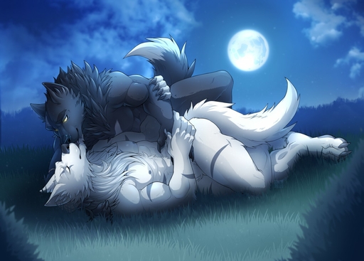 abs anthro biceps black_body black_fur canid canine canis duo eyes_closed fur grass kissing lying male malemale mammal moon muscular muscular_anthro muscular_male pecs plant romantic romantic_ambiance silver_fang tongue tres-art white_body white_fur wolf yellow_eyes // 1280x917 // 173.3KB