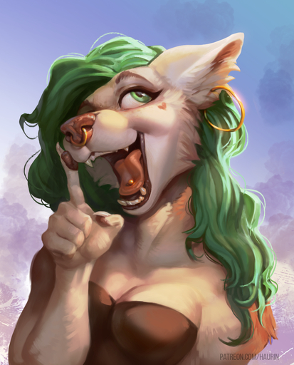 2020 5_fingers anthro breasts canid canine canis day detailed_background digital_media_(artwork) domestic_dog ear_piercing eyebrows eyelashes facial_piercing female fingers green_eyes green_hair hair hauringu mammal nose_piercing open_mouth outside piercing septum_piercing sky smile solo teeth tongue tongue_piercing tongue_stud // 860x1066 // 981.4KB
