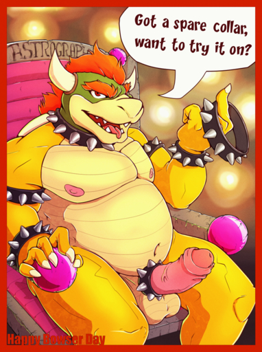 2021 accessory anthro astrograph balls border bowser bowser_day cock_ring collar dialogue digital_media_(artwork) english_text erection fingers foreskin genitals humanoid_genitalia humanoid_penis jewelry koopa looking_at_viewer male mario_bros nintendo nipples nude open_mouth penis penis_accessory penis_jewelry red_border scalie solo speech_bubble spiked_collar spikes talking_to_viewer text video_games // 766x1026 // 1.2MB