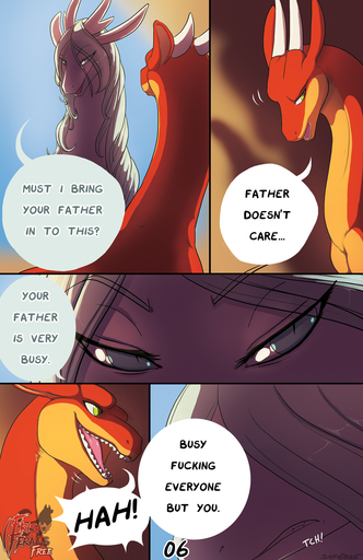 2014 blue_eyes comic conditional_dnp dialogue dragon duo ears_back english_text female feral frisky_ferals frown green_eyes hi_res horn kindle long_neck male mane mother open_mouth parent pivoted_ears profanity red_body red_scales scales scalie scowl sefeiren smile son text tongue vera_(sefeiren) white_body white_scales // 1000x1542 // 1.2MB