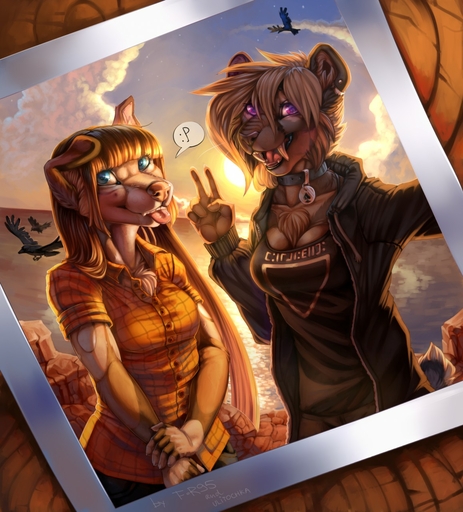 2015 5_fingers anthro black_lips blonde_hair blue_eyes bottomwear breasts brown_hair canid canine canis chest_tuft cleavage clothed clothing collar day detailed_background digital_media_(artwork) domestic_dog duo ear_piercing f-r95 falla fangs felid female fingers fur gesture hair hi_res inner_ear_fluff jacket lips long_hair machairodontine mammal open_clothing open_jacket open_mouth open_smile open_topwear outside pants photo piercing purple_eyes seaside selfie shirt short_hair sky smile sun teeth tongue tongue_out topwear tuft ulitochka v_sign // 1157x1280 // 277.3KB