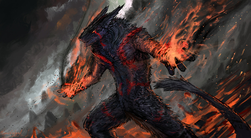 2019 anthro canid canine canis digital_media_(artwork) fire hybrid male mammal nude sergal solo standing themefinland wolf // 1500x826 // 1.1MB