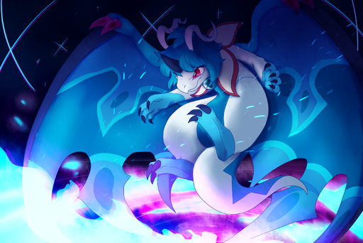 3_toes 5_fingers blue_body blue_hair blue_skin ceruleanfox27 claws dragon eyelashes feet feral fingers fire frown gloves_(marking) hair hi_res horn markings red_eyes scalie sifyro toe_claws toes white_body white_skin wings // 2280x1524 // 3.0MB