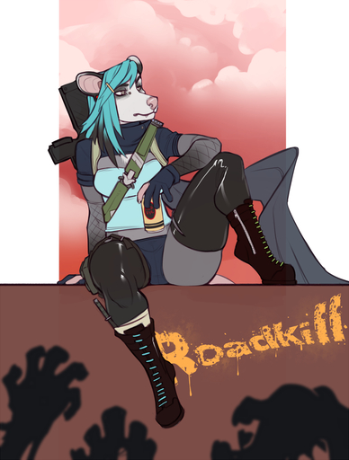 anthro biped boots can clothed clothing container didelphid facial_piercing faint female footwear gun hair mammal marsupial nose_piercing piercing ranged_weapon rifle sitting solo virginia_opossum weapon // 757x1000 // 395.9KB