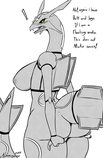 2017 anthro anthrofied big_breasts big_butt biped black_sclera blush breasts butt butt_focus claws dialogue digital_drawing_(artwork) digital_media_(artwork) dragon eastern_dragon embarrassed english_text exclamation_point eyelashes fangs female frill_(anatomy) grey_nipples holding_butt huge_breasts legendary_pokemon looking_at_butt looking_at_self looking_back looking_down membrane_(anatomy) membranous_frill nipples nnecgrau non-mammal_breasts nude open_mouth pokemon_(species) pokemorph portrait rayquaza rear_view restricted_palette scales scalie shocked side_boob simple_background small_waist solo spikes standing text thick_tail thick_thighs three-quarter_portrait video_games white_background wide_hips yellow_eyes // 619x950 // 282.5KB