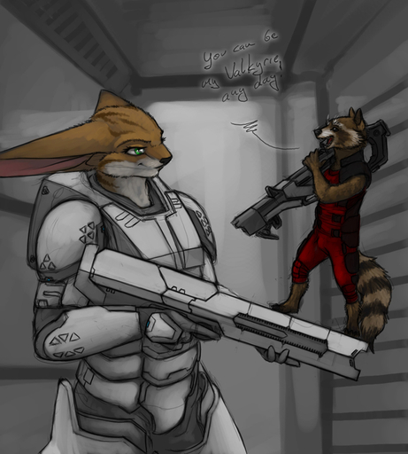 ! 2015 armor barefoot body_armor brown_body brown_fur clothed clothing dialogue english_text feet female fully_clothed fur green_eyes gun holding_gun holding_object holding_weapon inside ipoke looking_at_another male mammal procyonid raccoon ranged_weapon rocket_raccoon si'itiae smile text weapon white_body white_fur // 720x800 // 272.5KB