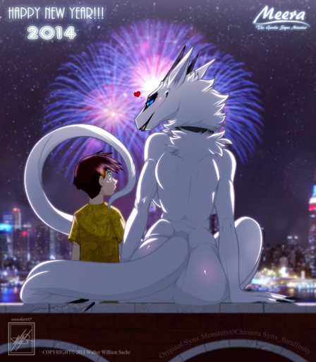 2013 <3 absurd_res anthro back_boob big_breasts big_butt black_lips blue_eyes blush breasts brown_hair butt city claws clothed clothing collar digital_media_(artwork) duo eye_contact female fireworks fur hair hi_res holidays horn human larger_anthro larger_female lips looking_at_another male mammal meera new_year night nude outside rear_view sitting size_difference smaller_human smaller_male smile synx thick_tail walter_sache white_body white_fur wide_hips // 2917x3336 // 6.5MB