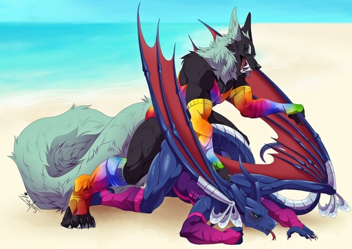 2018 4_toes abdominal_bulge anal anthro athletic aureus bahamut_(aellynh) beach black_body black_fur blush canid canine canis claws day digital_media_(artwork) dragon duo feet from_behind_position fur hazakyaracely horn jackal male malemale male_penetrated male_penetrating male_penetrating_male mammal muscular muscular_male open_mouth outside penetration scales scalie seaside sex sex_on_the_beach sky teeth toes tongue water wings // 1280x904 // 214.9KB